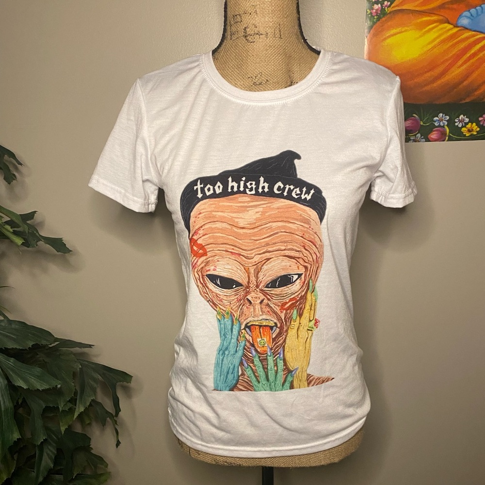 “Too high crew” white tee